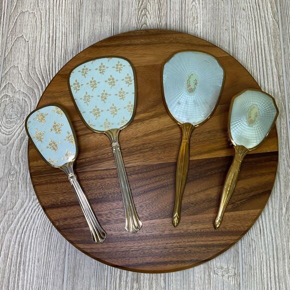 Lot of 2 Vanity Dresser Sets Matching Hand Mirror and Hair Brush Vintage 1950s B - Picture 2 of 10